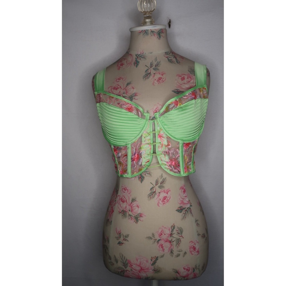 For Love & Lemons Neon Green Embroidered Corset Bustier Crop Top Sz L EUC